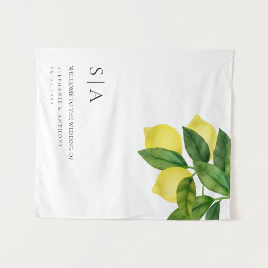 Monograms Lemon Citrus Branch Greenery Wedding  Wandteppich (Vorderseite (Horizontal))