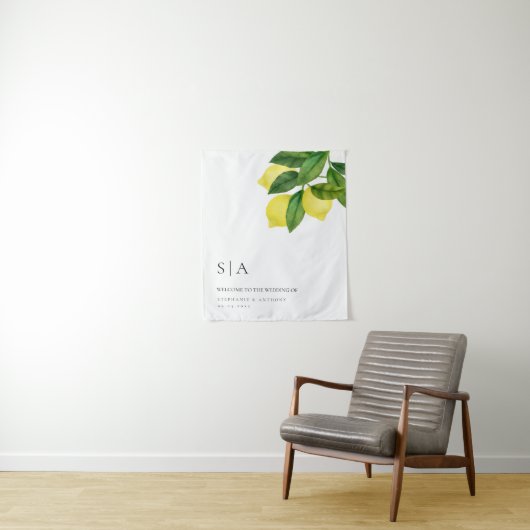 Monograms Lemon Citrus Branch Greenery Wedding  Wandteppich (Beispiel)