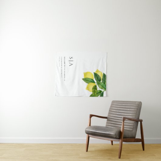 Monograms Lemon Citrus Branch Greenery Wedding  Wandteppich (Beispiel (Horizontal))