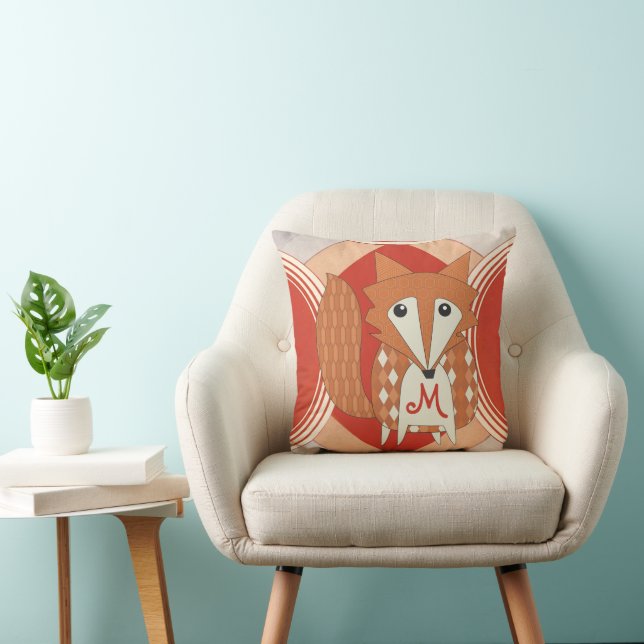 Monogramsierte Retro Orange Red Fox Pillow Kissen (Stuhl )