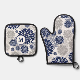 Monographie der Navy Blue Gray Blume Ofenhandschuh & Topflappen-Set
