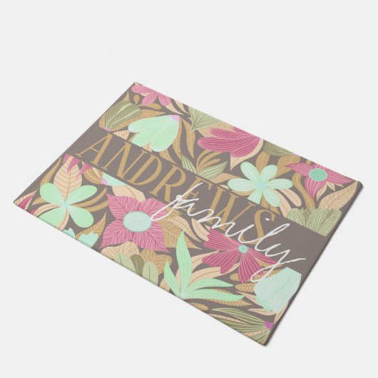 Monographie der rosa grünen Olive Floral Fußmatte (Schrägansicht)