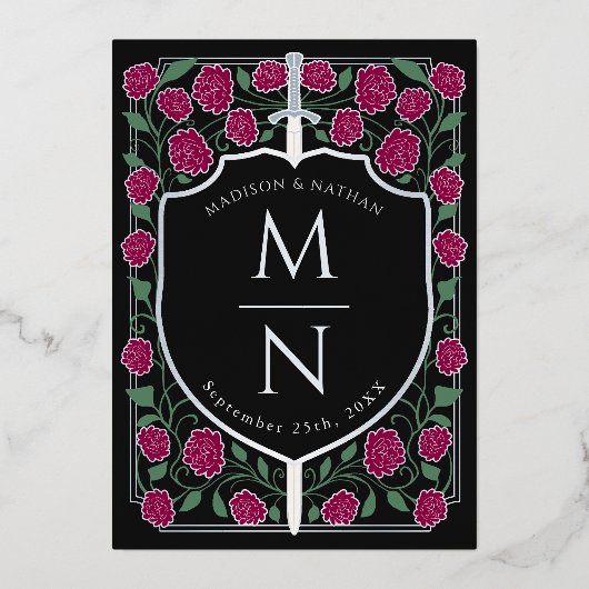 Monographie-Hochzeit der Burgunder-Schwertschild Folieneinladung (Rückseite)