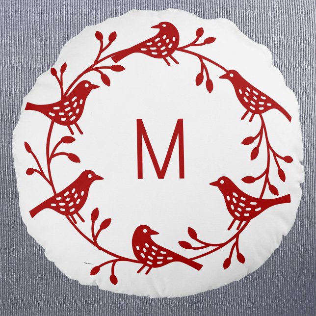 Monographie Rundes Kissen (Personalized monogram initial red and white Scandinavian style bird wreath round pillow)