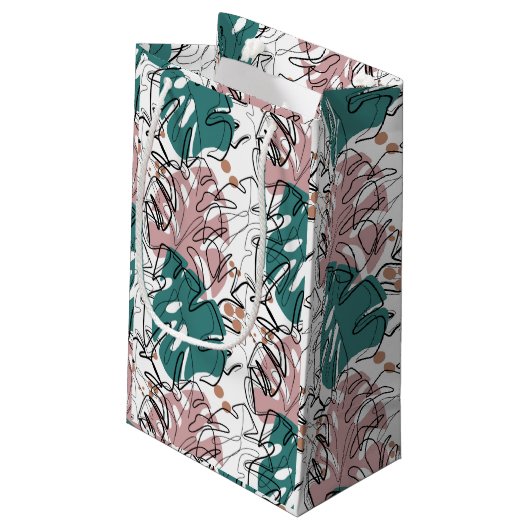 Monoline Monstera Blätter mit Farbflecken Kleine Geschenktüte (Rückseite Schrägansicht)