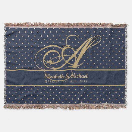 Monorgam Navy Blue Gold Punkt Newlyweds Wedding Decke (Vorderseite)