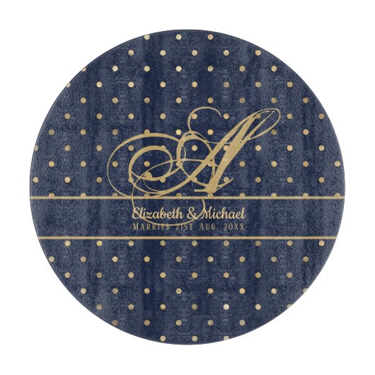 Monorgam Navy Blue Gold Punkt Newlyweds Wedding Schneidebrett (Vorderseite)