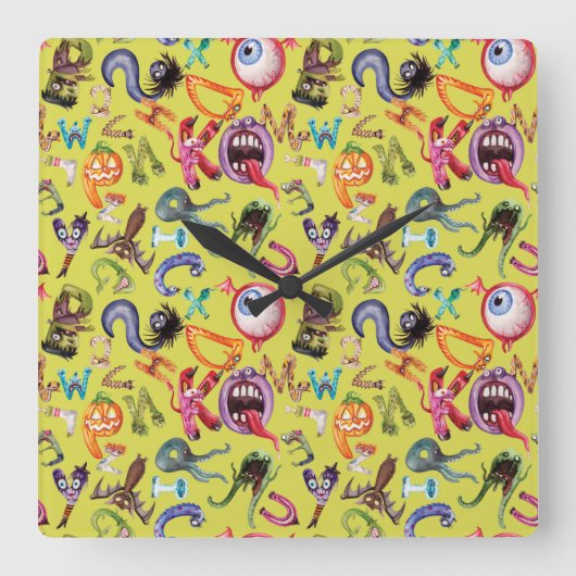 Monster-Alphabet-Muster Quadratische Wanduhr (Vorderseite)