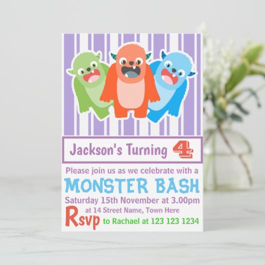 Monster Bash Farbenfrohe Freude Custom Kindergebur Einladung (Stehend Vorderseite)