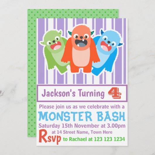 Monster Bash Farbenfrohe Freude Custom Kindergebur Einladung (Vorne/Hinten)