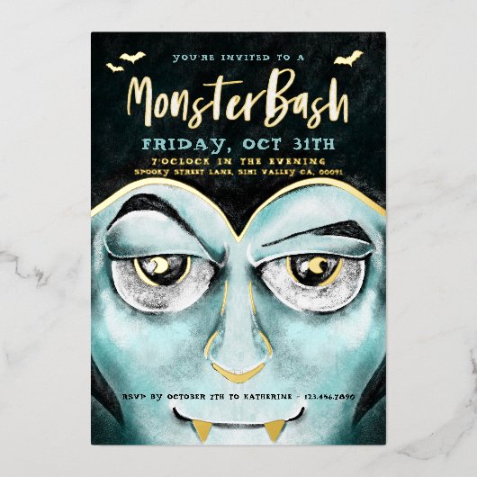 Monster Bash Fun Spooky Vampire Halloween Party Folieneinladung (Vorderseite)