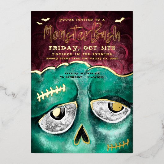 Monster Bash Fun Spooky Zombie Halloween Party Folieneinladung (Vorderseite)