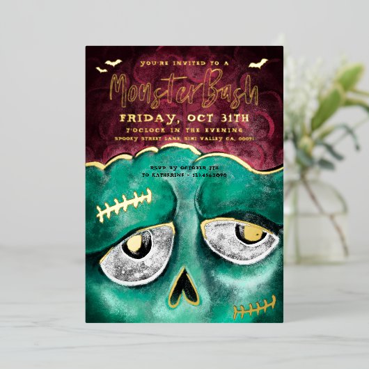 Monster Bash Fun Spooky Zombie Halloween Party Folieneinladung (Stehend vorne)