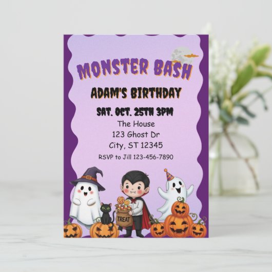 Monster Bash, Halloween birthday Einladung (Stehend Vorderseite)