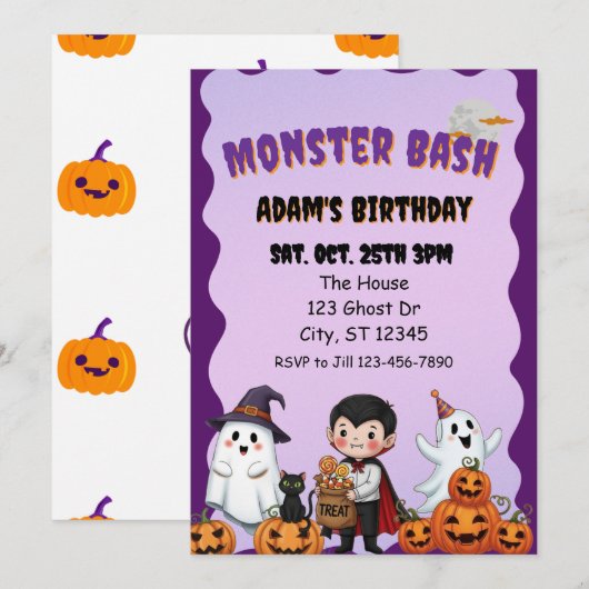 Monster Bash, Halloween birthday Einladung (Vorne/Hinten)