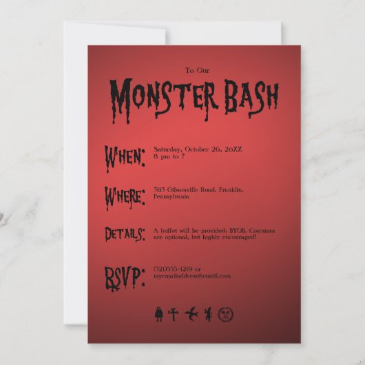 Monster Bash Red Mit Augen Crawling Devil Hallowee Einladung (Rückseite)