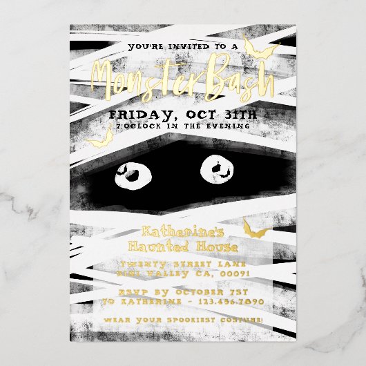 Monster Bash | Schwarz-Weiß-Mummy-Halloween-Party Folieneinladung (Vorderseite)