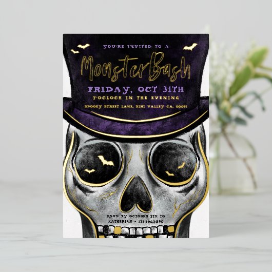 Monster Bash Spooky Skeleton Halloween Party Folieneinladung (Stehend vorne)