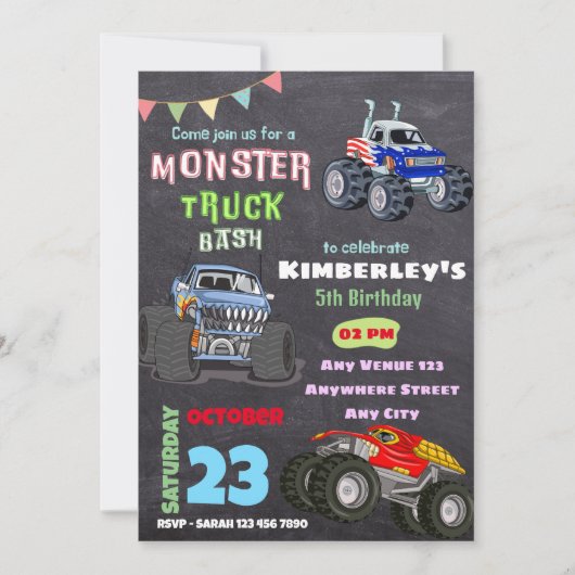 Monster Bash Truck Thema Kindergeburtstag Teil Einladung (Vorderseite)