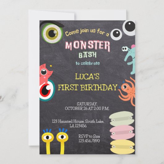 Monster Birthday Chalkboard Einladung (Vorderseite)
