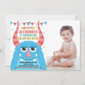 Monster Birthday Einladungen Blau mit Foto (Vorderseite)