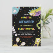 Monster Birthday Einladungen Dunkelgrünes Schwarz (Stehend Vorderseite)