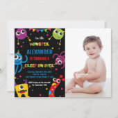 Monster Birthday Einladungen Farben Schwarzes Foto (Vorderseite)