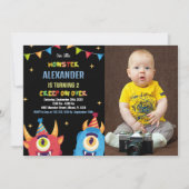 Monster Birthday Einladungen Farbflags w Foto (Vorderseite)