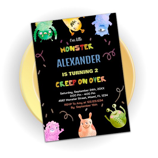 Monster Birthday Einladungen Green Orange Black