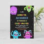 Monster Birthday Einladungen Grün Schwarz (Stehend Vorderseite)