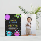 Monster Birthday Einladungen Grünes Schwarzes Foto (Stehend Vorderseite)