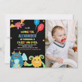 Monster Birthday Einladungen Schwarz mit Foto (Vorderseite)