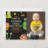 Monster Birthday Einladungen Schwarz mit Foto (Vorderseite)