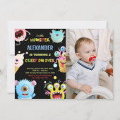 Monster Birthday Einladungen Schwarz mit Foto (Vorderseite)