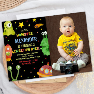 Monster Birthday Einladungen Schwarz mit Foto