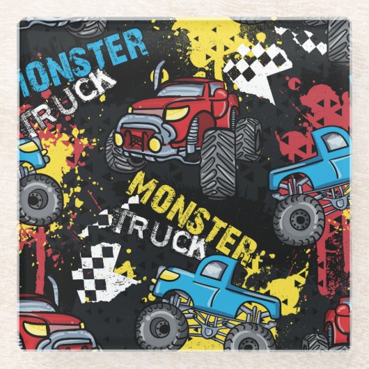 Monster Car: Abstraktes kindisch Muster Glasuntersetzer (Vorderseite)