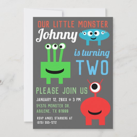 Monster Einladungen zur Geburtstagsparty - 3Monste (Vorderseite)