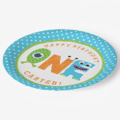 Monster-erster Geburtstags-PapierTeller Pappteller (Schrägansicht)