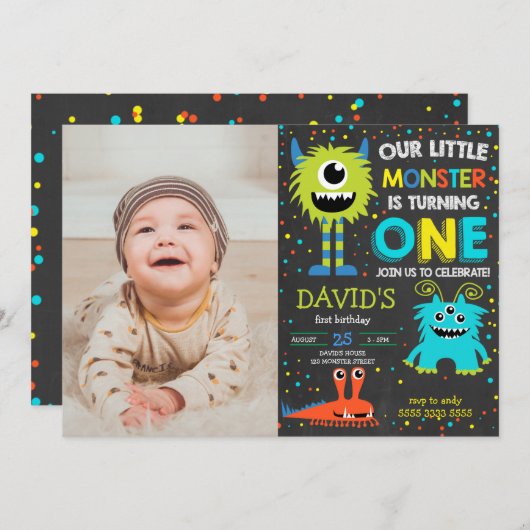 Monster First Birthday Boy Little Monster Foto Einladung (Vorne/Hinten)