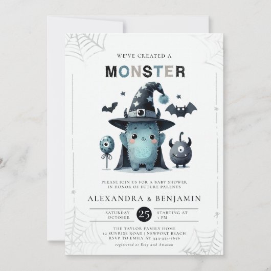 Monster Halloween Oktober Coed Boy Baby Dusche Einladung (Vorderseite)