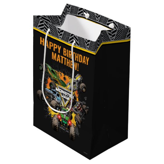 Monster Jam Trucks Geburtstag Mittlere Geschenktüte (Vorderseite Schrägansicht)
