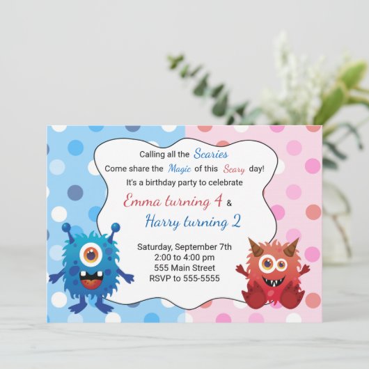 Monster Kindergeburtstag Einladung (Stehend Vorderseite)