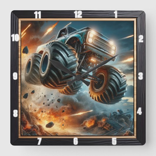 Monster-LKW springen mitten in Explosionen Quadratische Wanduhr (Vorderseite)