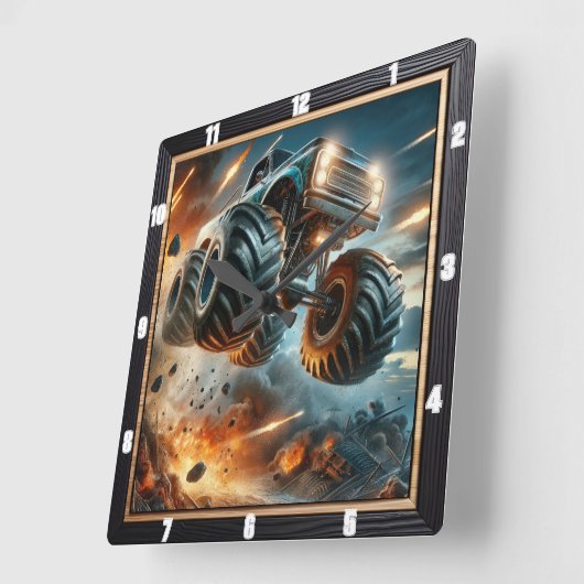 Monster-LKW springen mitten in Explosionen Quadratische Wanduhr (Winkel)