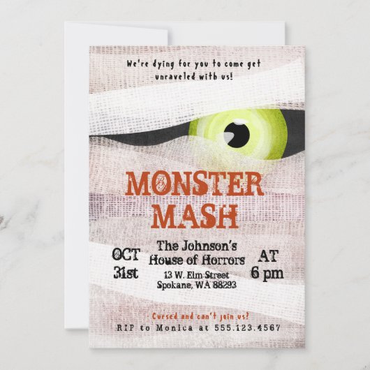 Monster Mash Halloween Bash Mummy Einladung (Vorderseite)