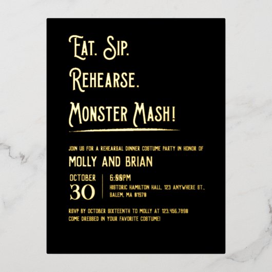 Monster Mash Hochzeit Probe Folie Einladungspostkarte (Vorderseite)