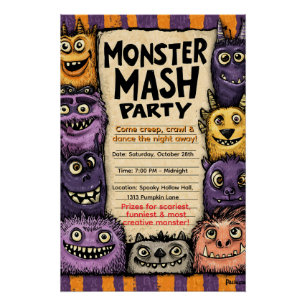 "Monster Mash Party" mit Niedlichen Monstern Poster