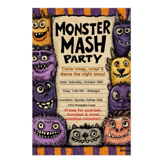 "Monster Mash Party" mit Niedlichen Monstern Poster (Vorderseite)