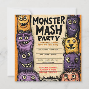 "Monster Mash Party" mit süßen Monstern Einladung
