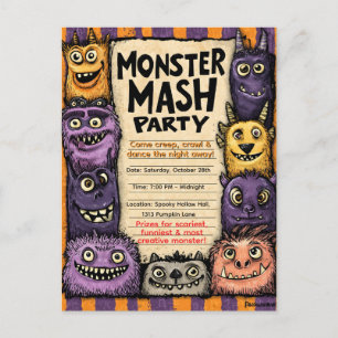 "Monster Mash Party" mit süßen Monstern Einladungspostkarte